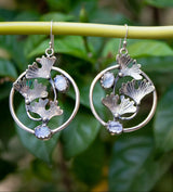 Moonstone Hoop Earrings with Ginkgo Leaves, AE-6828