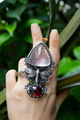 Wings of Dawn: Rose Quartz, Garnet & Tourmaline Ring, AR-7605