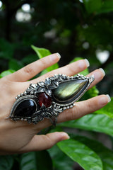 Serpent’s Eclipse: Labradorite, Hessonite & Black Onyx Ring, AR-7606