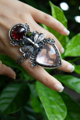 Wings of Dawn: Rose Quartz, Garnet & Tourmaline Ring, AR-7605