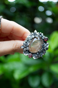 Harvest of Light - Golden Rutile and Garnet Botanical Ring, AR-7666