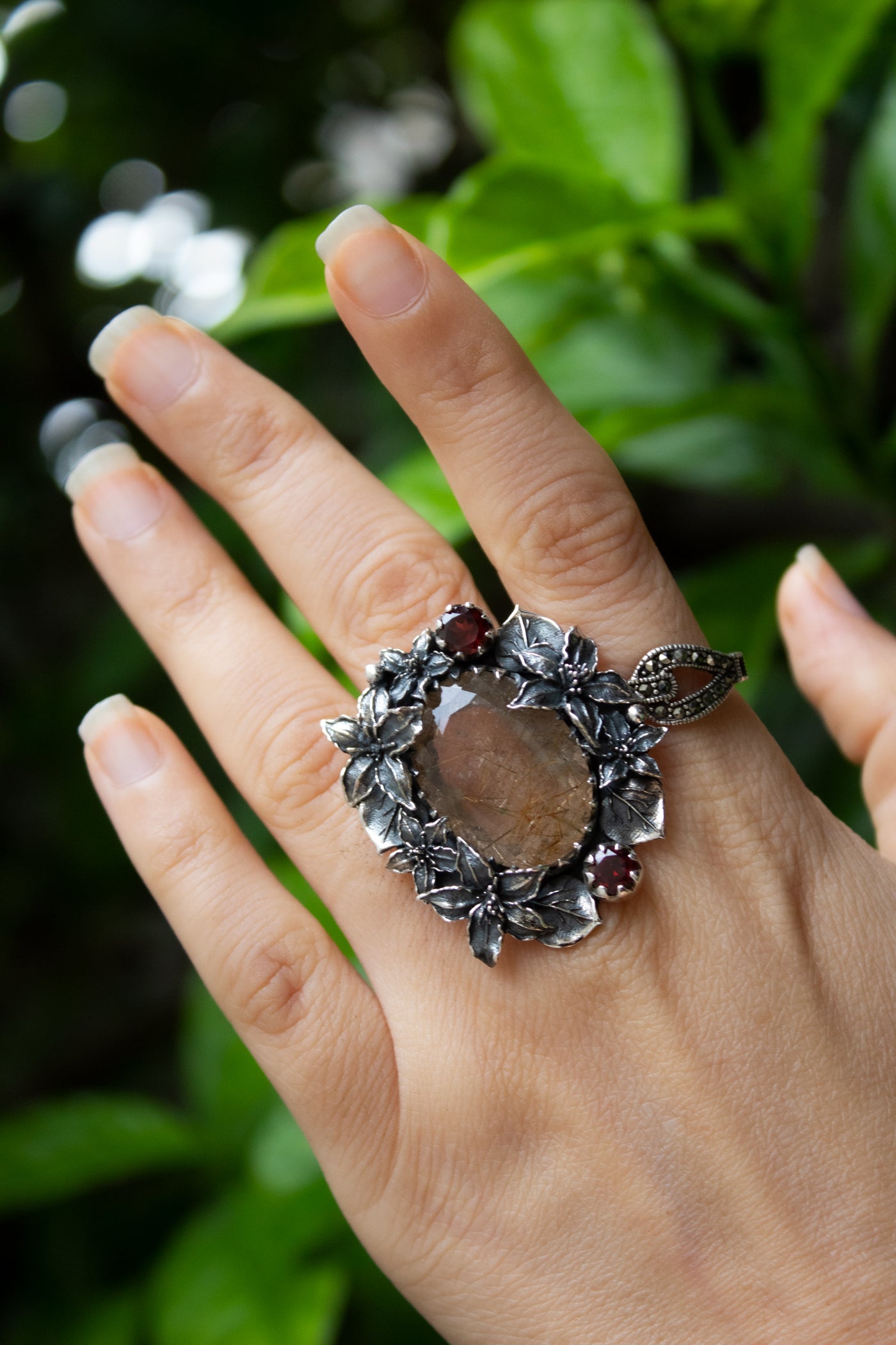 Harvest of Light - Golden Rutile and Garnet Botanical Ring, AR-7666