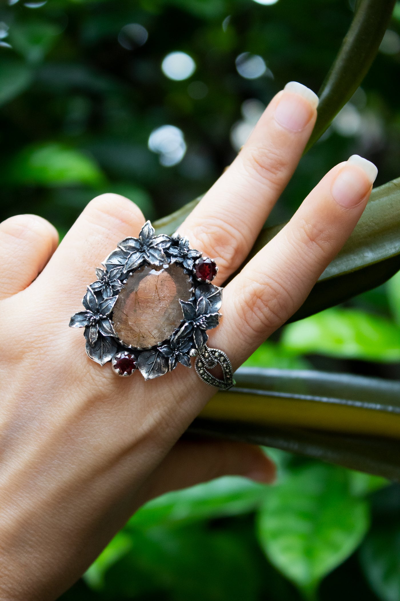 Harvest of Light - Golden Rutile and Garnet Botanical Ring, AR-7666