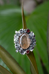 Harvest of Light - Golden Rutile and Garnet Botanical Ring, AR-7666