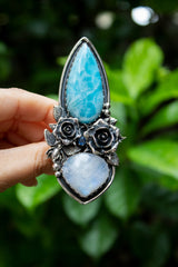 Ocean’s Bloom : Handcrafted Larimar & Moonstone Ring, AR-7607