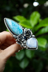Ocean’s Bloom : Handcrafted Larimar & Moonstone Ring, AR-7607