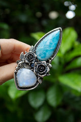 Ocean’s Bloom : Handcrafted Larimar & Moonstone Ring, AR-7607