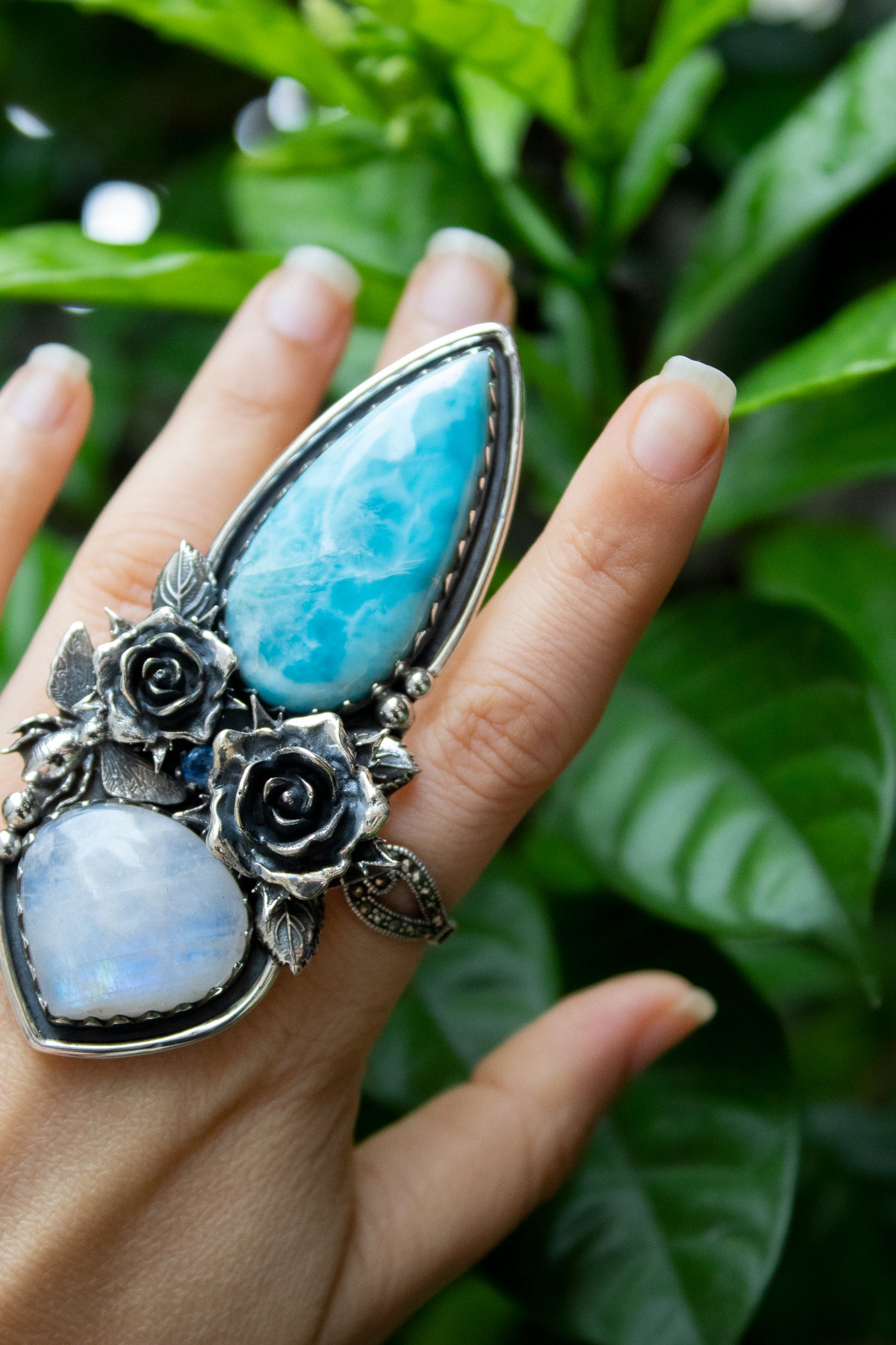 Ocean’s Bloom : Handcrafted Larimar & Moonstone Ring, AR-7607