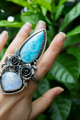 Ocean’s Bloom : Handcrafted Larimar & Moonstone Ring, AR-7607