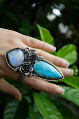 Ocean’s Bloom : Handcrafted Larimar & Moonstone Ring, AR-7607