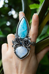 Ocean’s Bloom : Handcrafted Larimar & Moonstone Ring, AR-7607