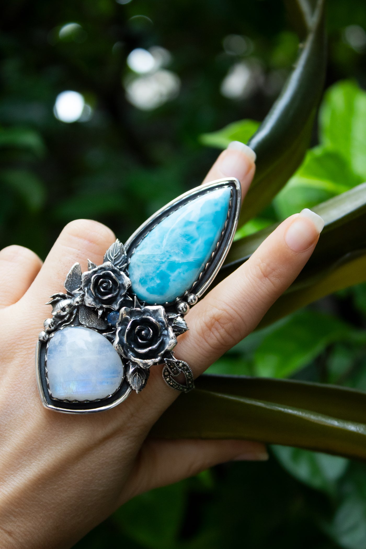 Ocean’s Bloom : Handcrafted Larimar & Moonstone Ring, AR-7607