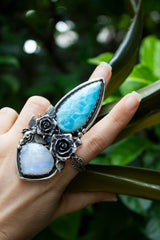 Ocean’s Bloom : Handcrafted Larimar & Moonstone Ring, AR-7607