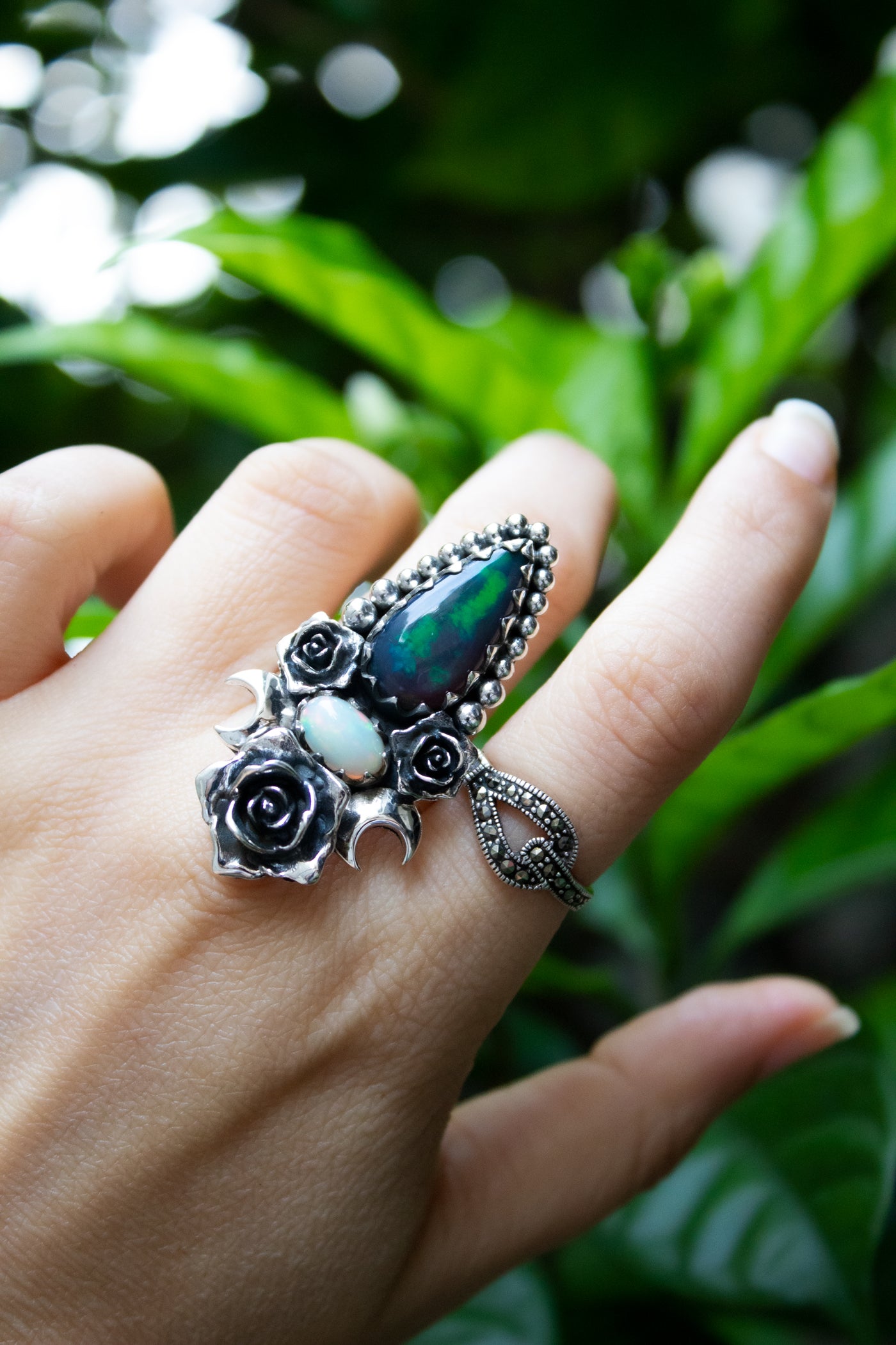 Twilight Rose Ring: Black Opal & Ethopian Opal, AR-7633