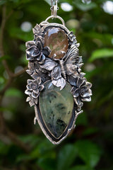 Whispers of Autumnlight – Golden Rutilated Quartz & Prehnite Pendant, AP-7626