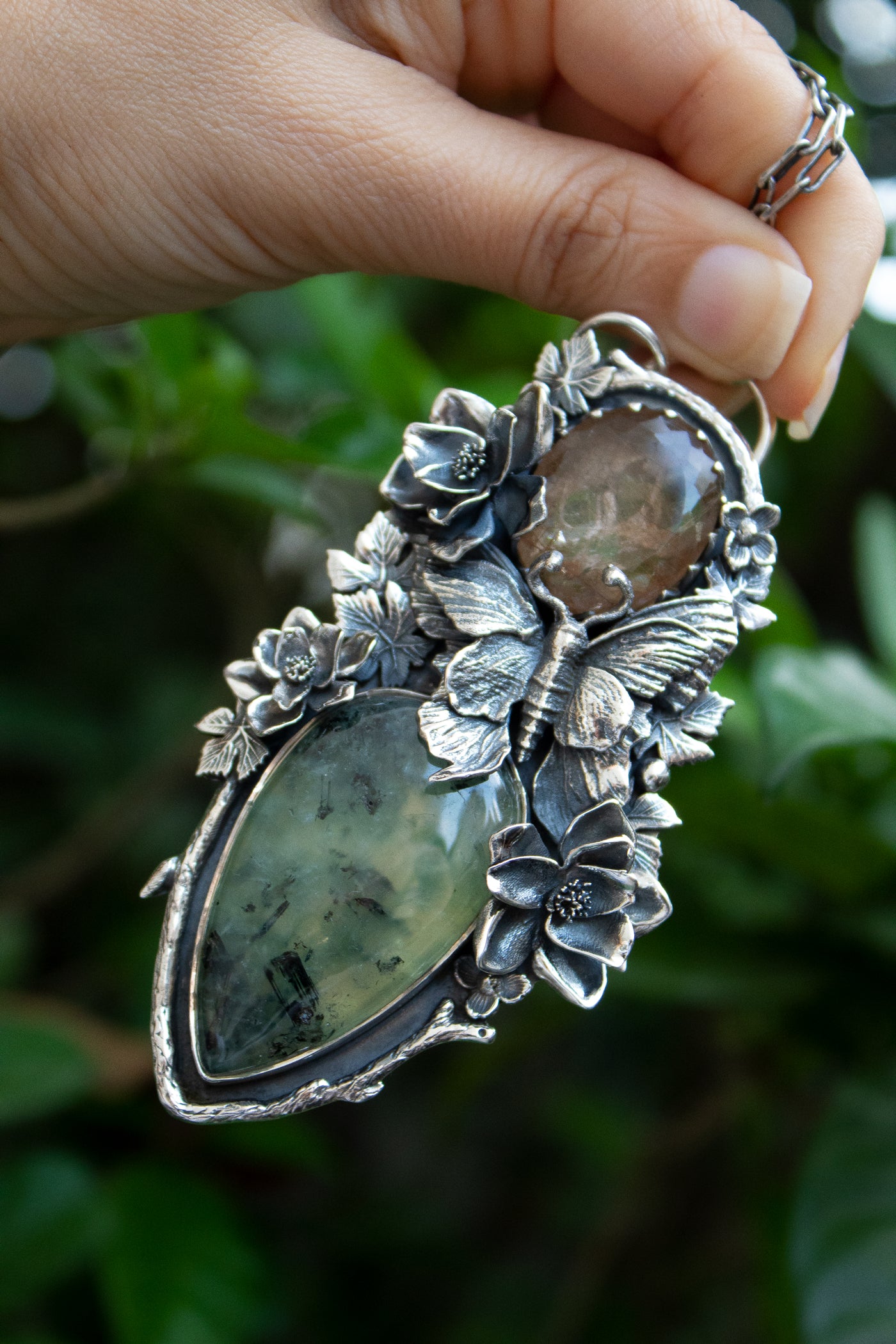 Whispers of Autumnlight – Golden Rutilated Quartz & Prehnite Pendant, AP-7626