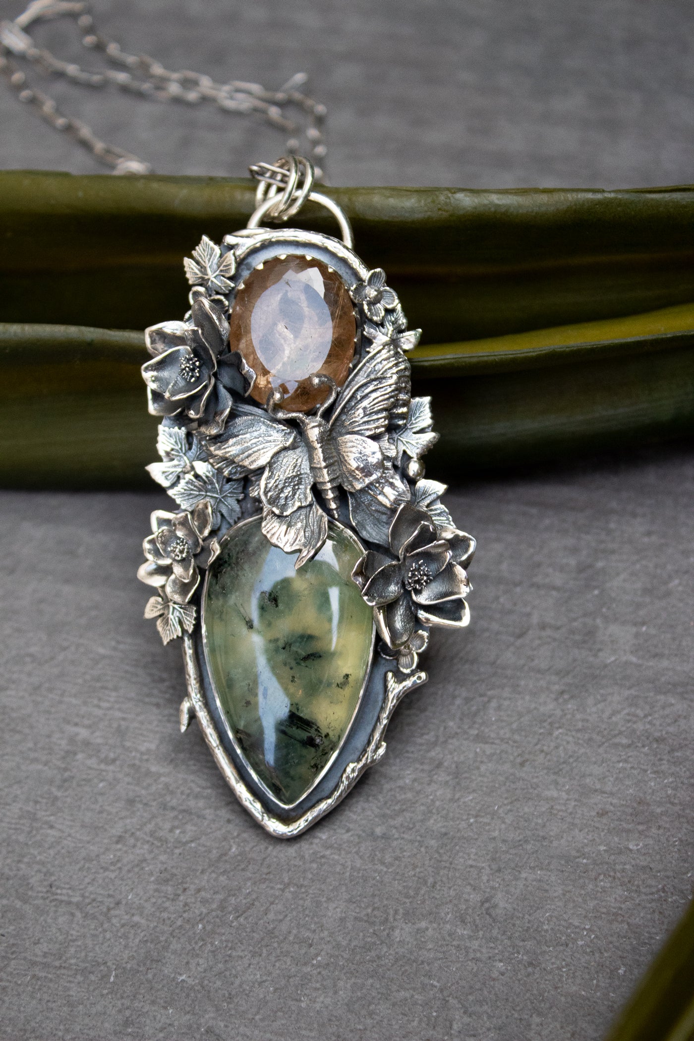 Whispers of Autumnlight – Golden Rutilated Quartz & Prehnite Pendant, AP-7626