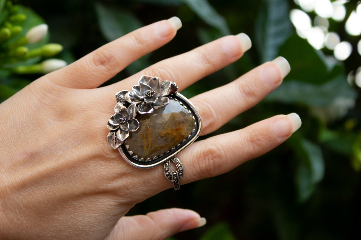 Golden Rutile & Garnet Ring, AR-7181