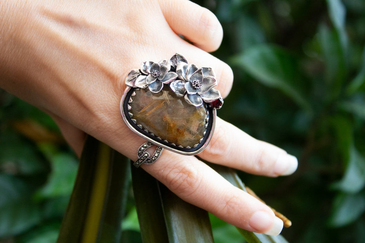 Golden Rutile & Garnet Ring, AR-7181