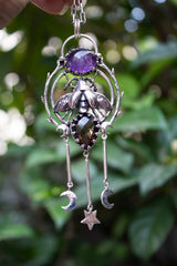 Celestial Alchemy - Amethyst & Smokey Quartz Bee Talisman Pendant, AR-7661