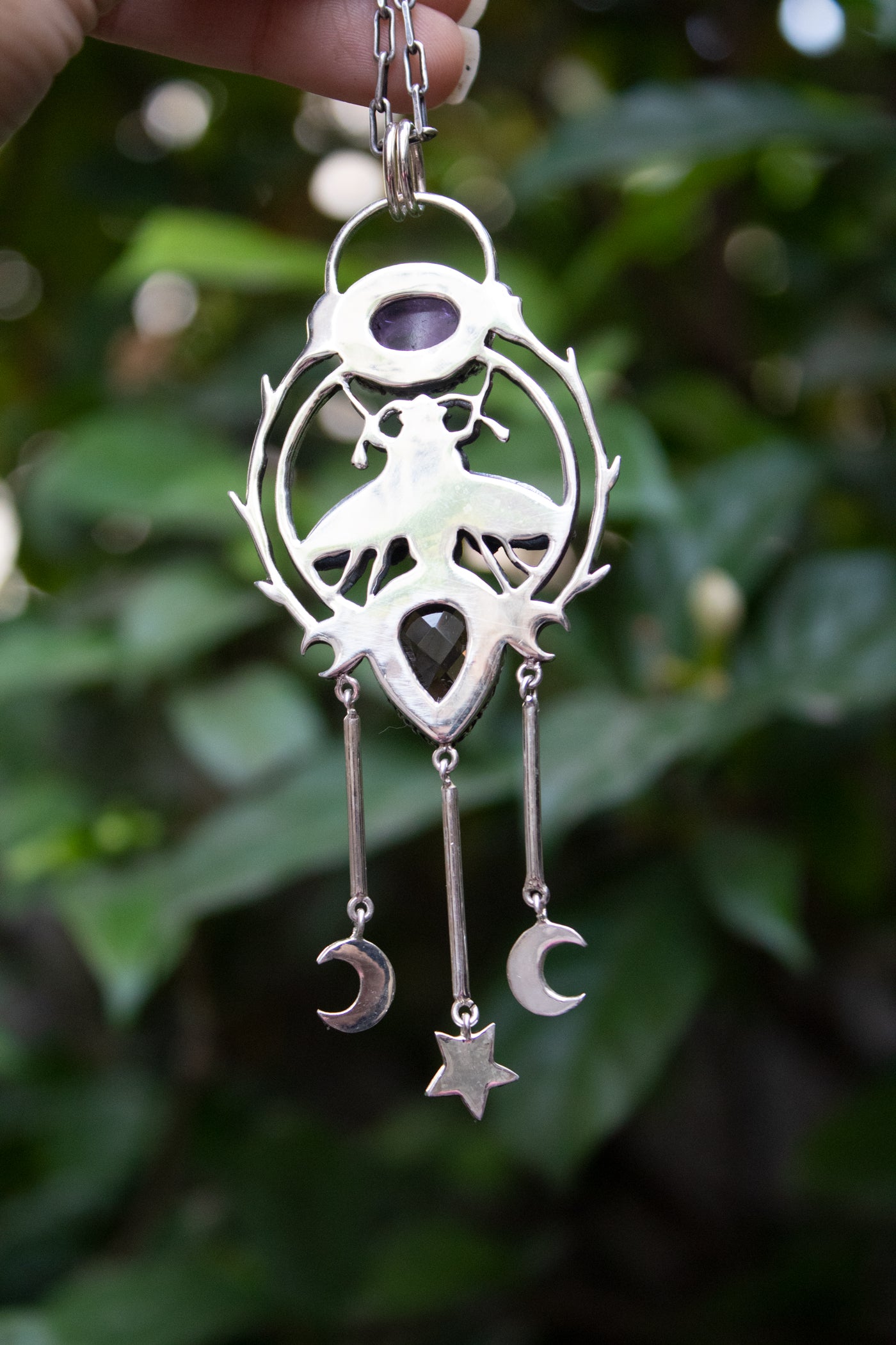 Celestial Alchemy - Amethyst & Smokey Quartz Bee Talisman Pendant, AR-7661