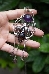 Celestial Alchemy - Amethyst & Smokey Quartz Bee Talisman Pendant, AR-7661