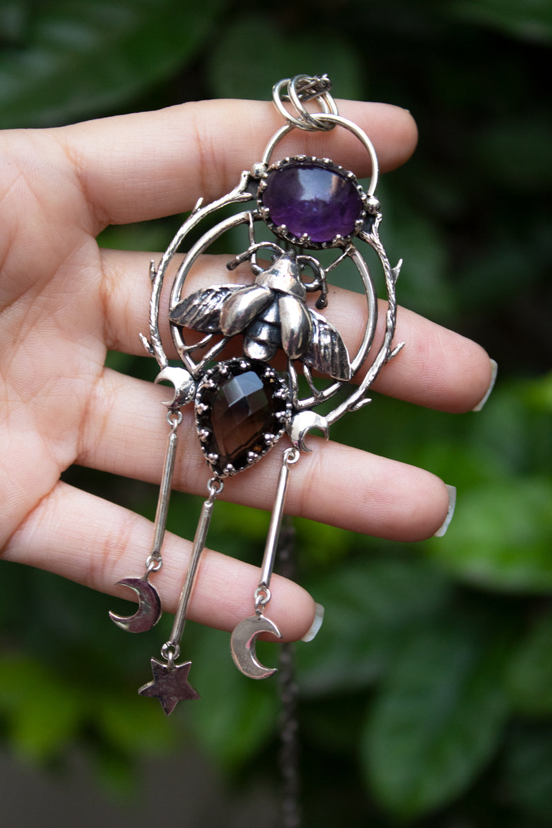 Celestial Alchemy - Amethyst & Smokey Quartz Bee Talisman Pendant, AR-7661