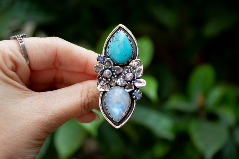 Artisan's Embrace: Moonstone & Turquoise Ring, AR-7183