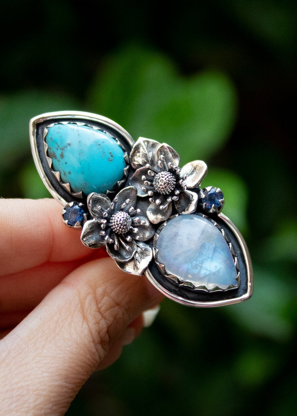 Artisan's Embrace: Moonstone & Turquoise Ring, AR-7183