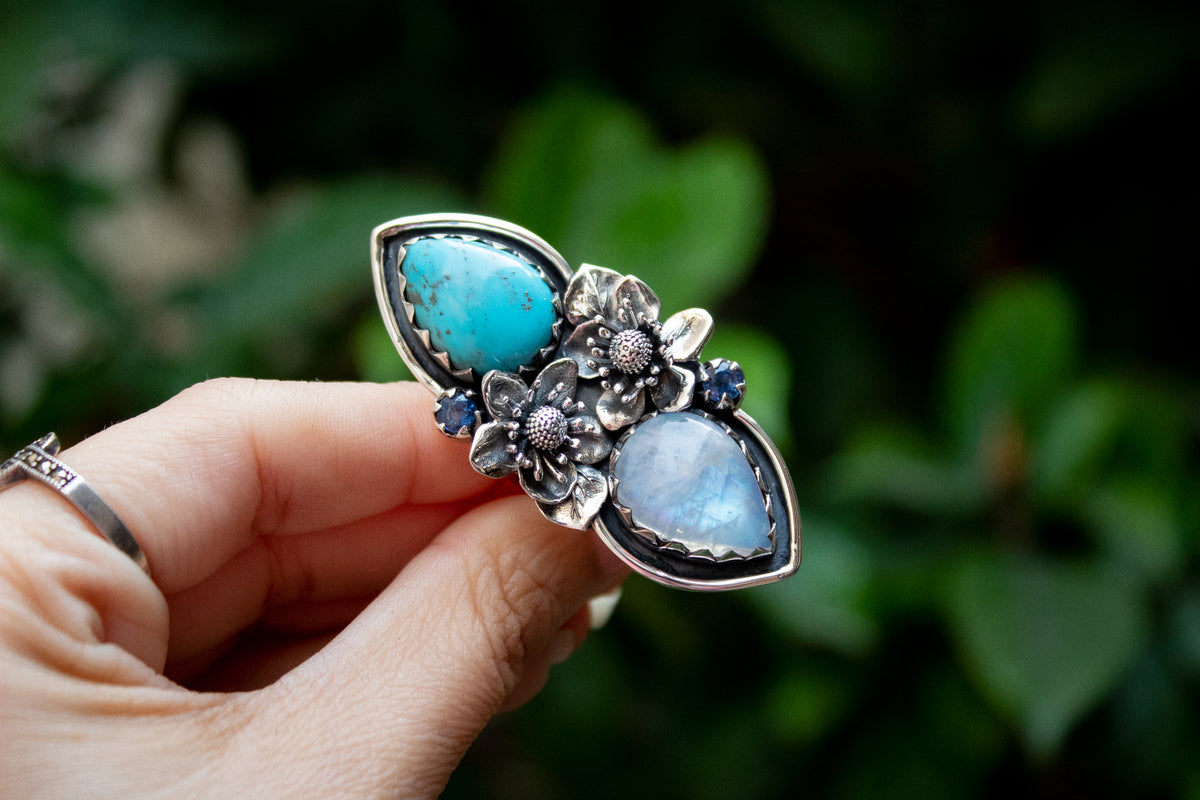 Artisan's Embrace: Moonstone & Turquoise Ring, AR-7183