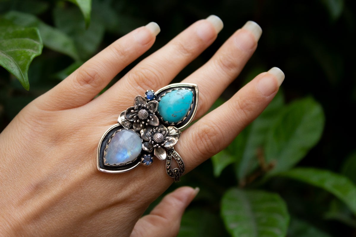 Artisan's Embrace: Moonstone & Turquoise Ring, AR-7183