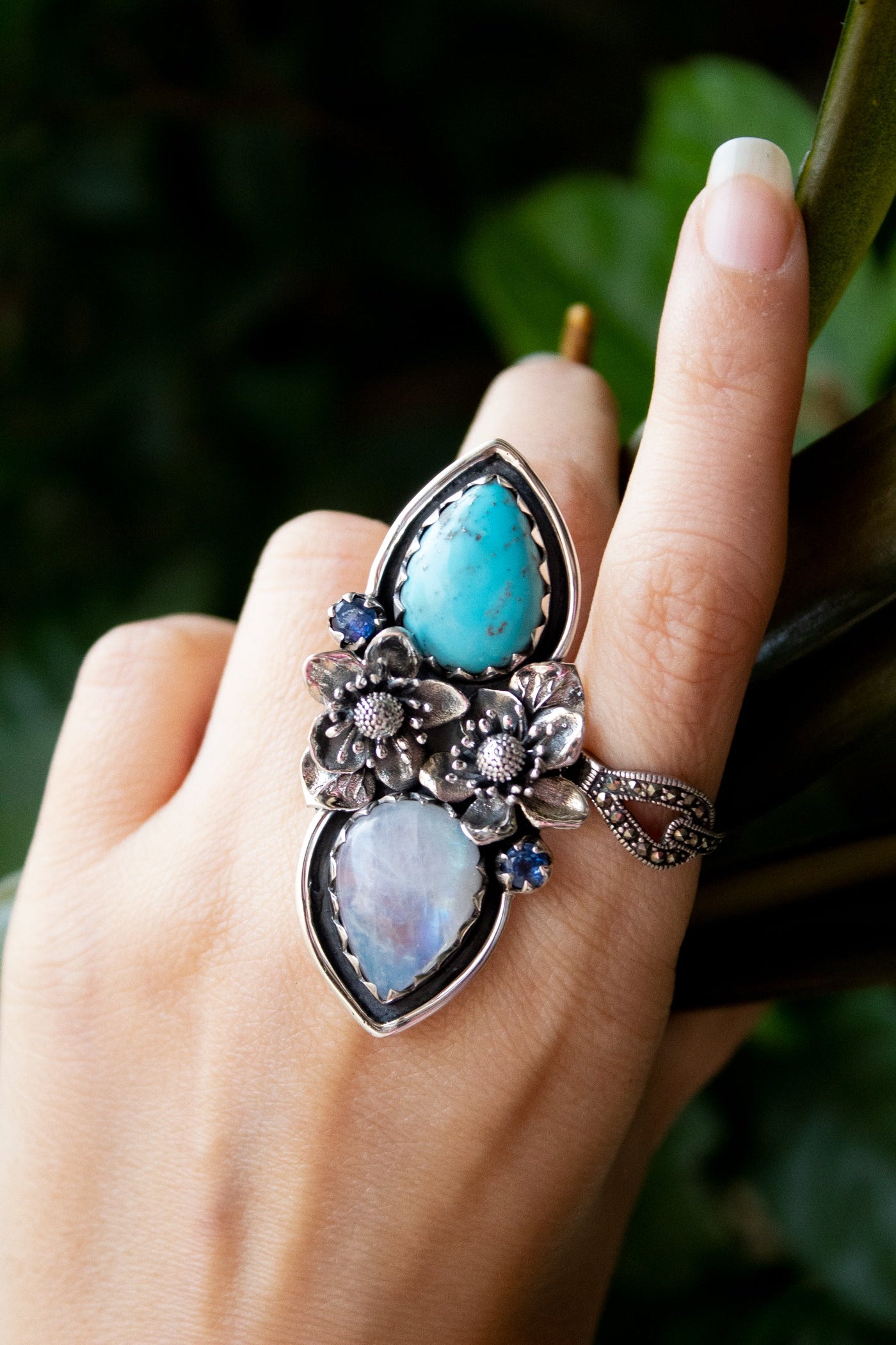 Artisan's Embrace: Moonstone & Turquoise Ring, AR-7183