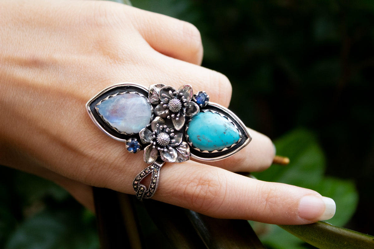 Artisan's Embrace: Moonstone & Turquoise Ring, AR-7183