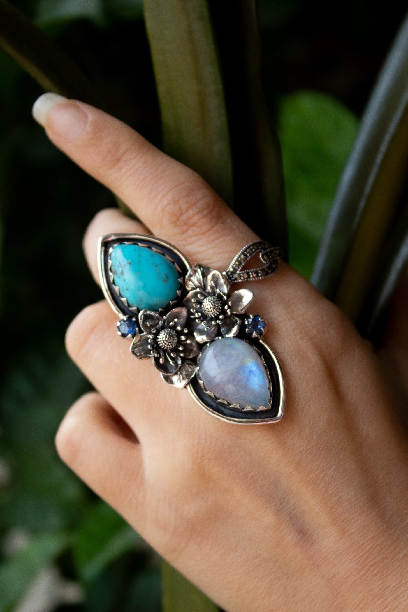 Artisan's Embrace: Moonstone & Turquoise Ring, AR-7183