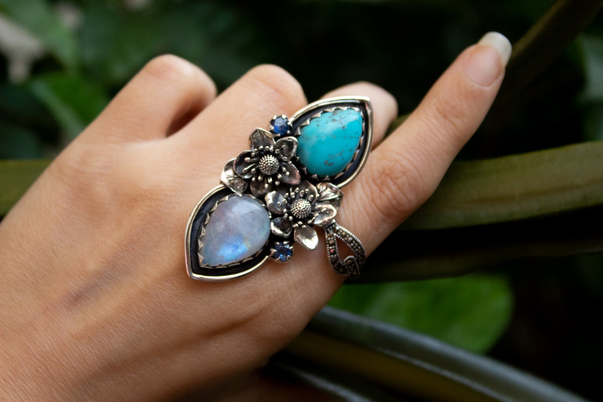 Artisan's Embrace: Moonstone & Turquoise Ring, AR-7183