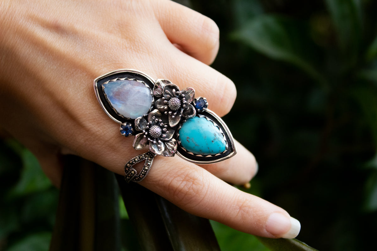 Artisan's Embrace: Moonstone & Turquoise Ring, AR-7183