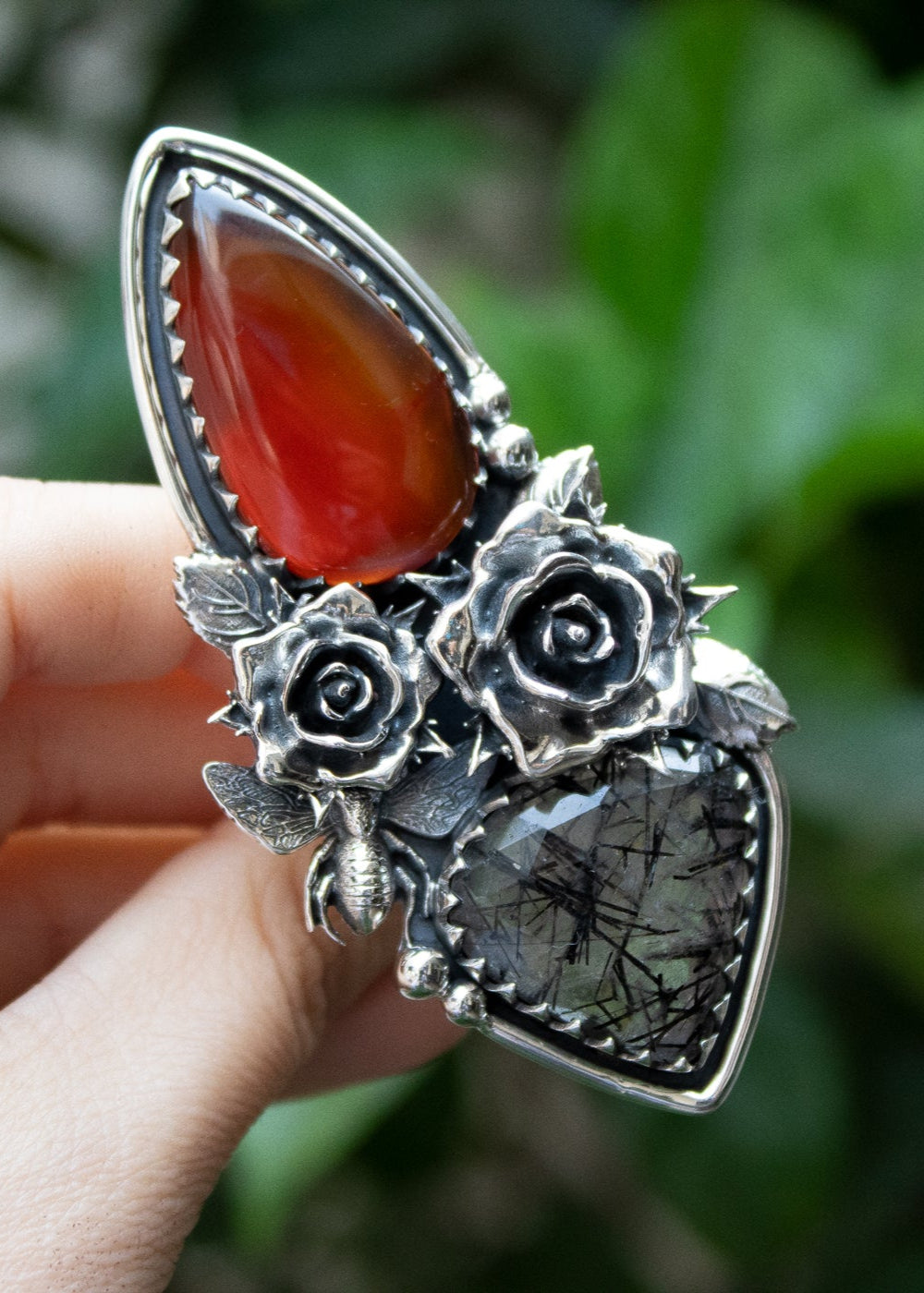 Red Onyx & Black Rutilated Quartz Ring, AR-7206