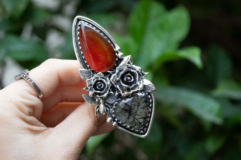 Red Onyx & Black Rutilated Quartz Ring, AR-7206