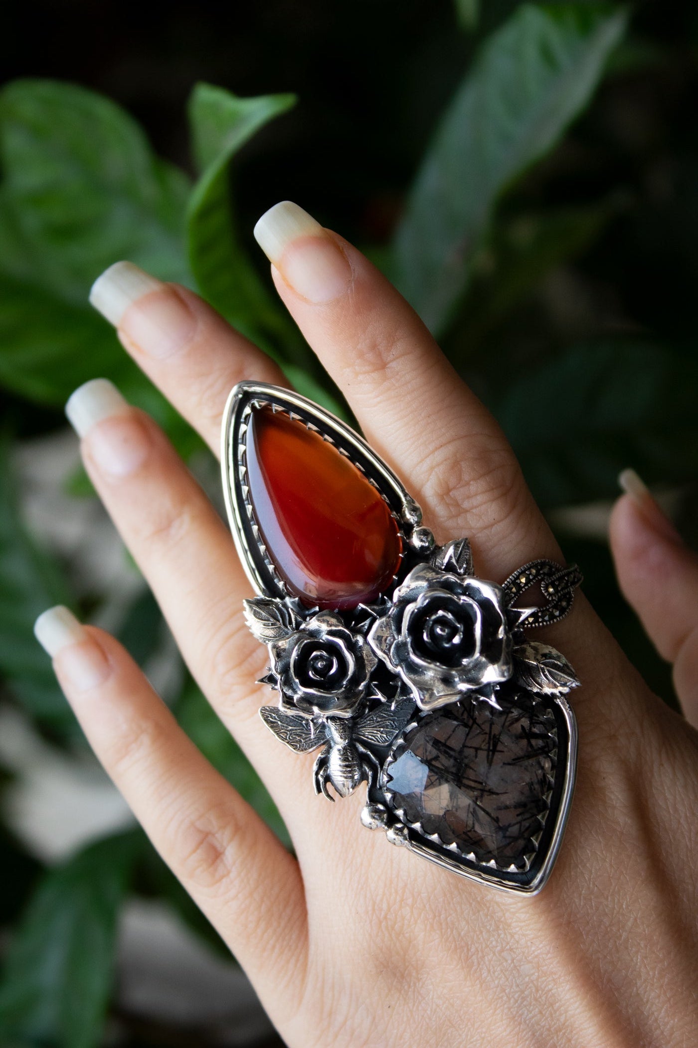 Red Onyx & Black Rutilated Quartz Ring, AR-7206