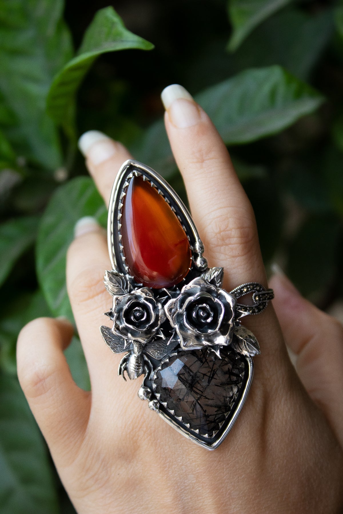 Red Onyx & Black Rutilated Quartz Ring, AR-7206