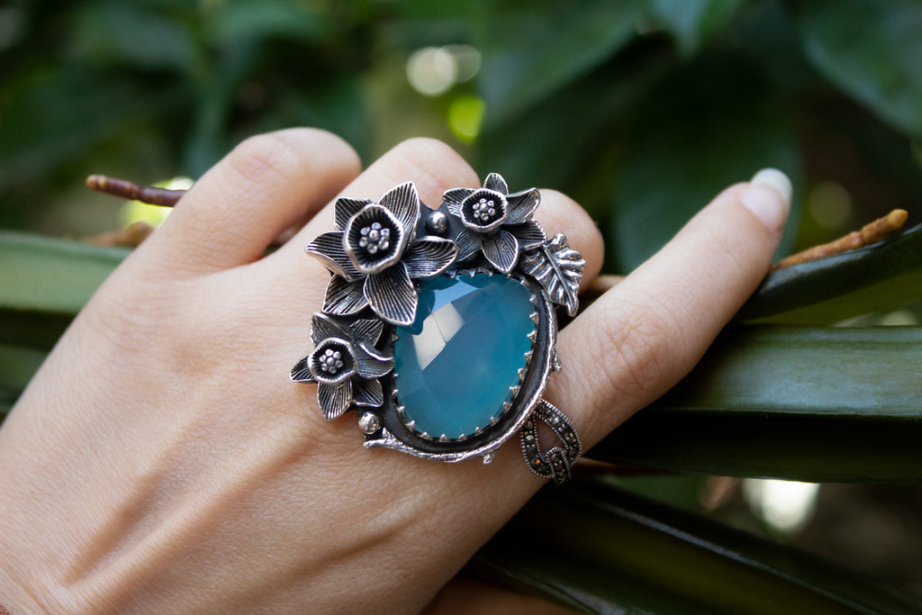 Aqua Chalcedony 925 Sterling Silver Ring, Statement Ring, Boho