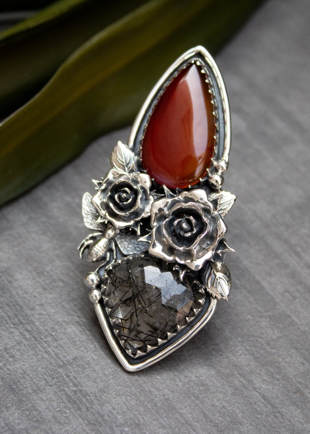 Red Onyx & Black Rutilated Quartz Ring, AR-7206