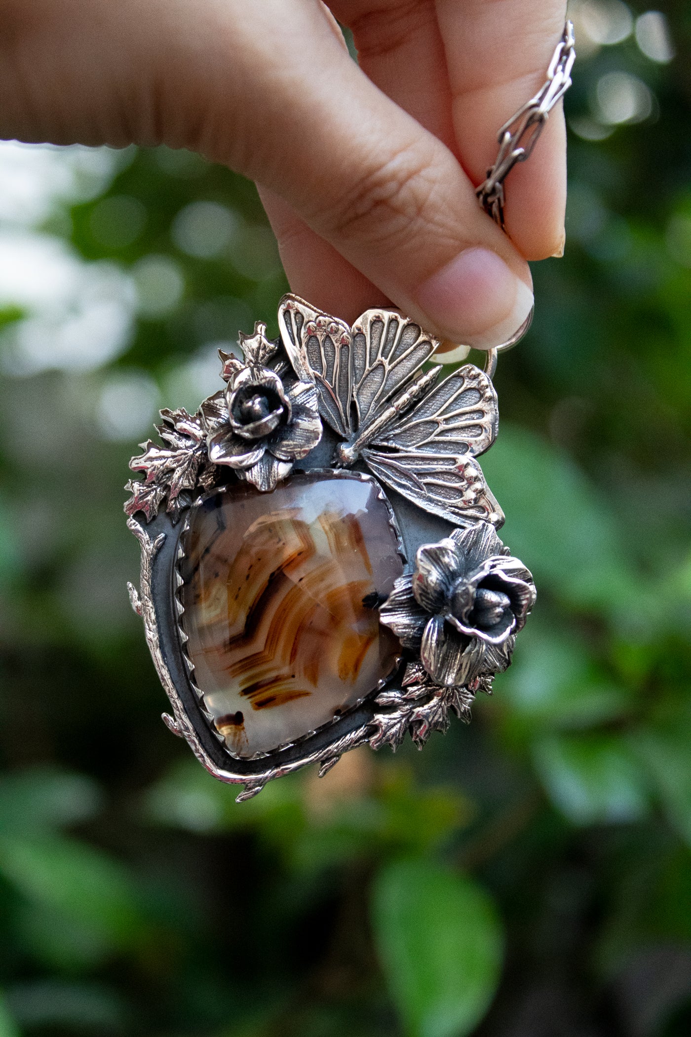 Wings of the Wild Garden — Stick Tube Agate Pendant