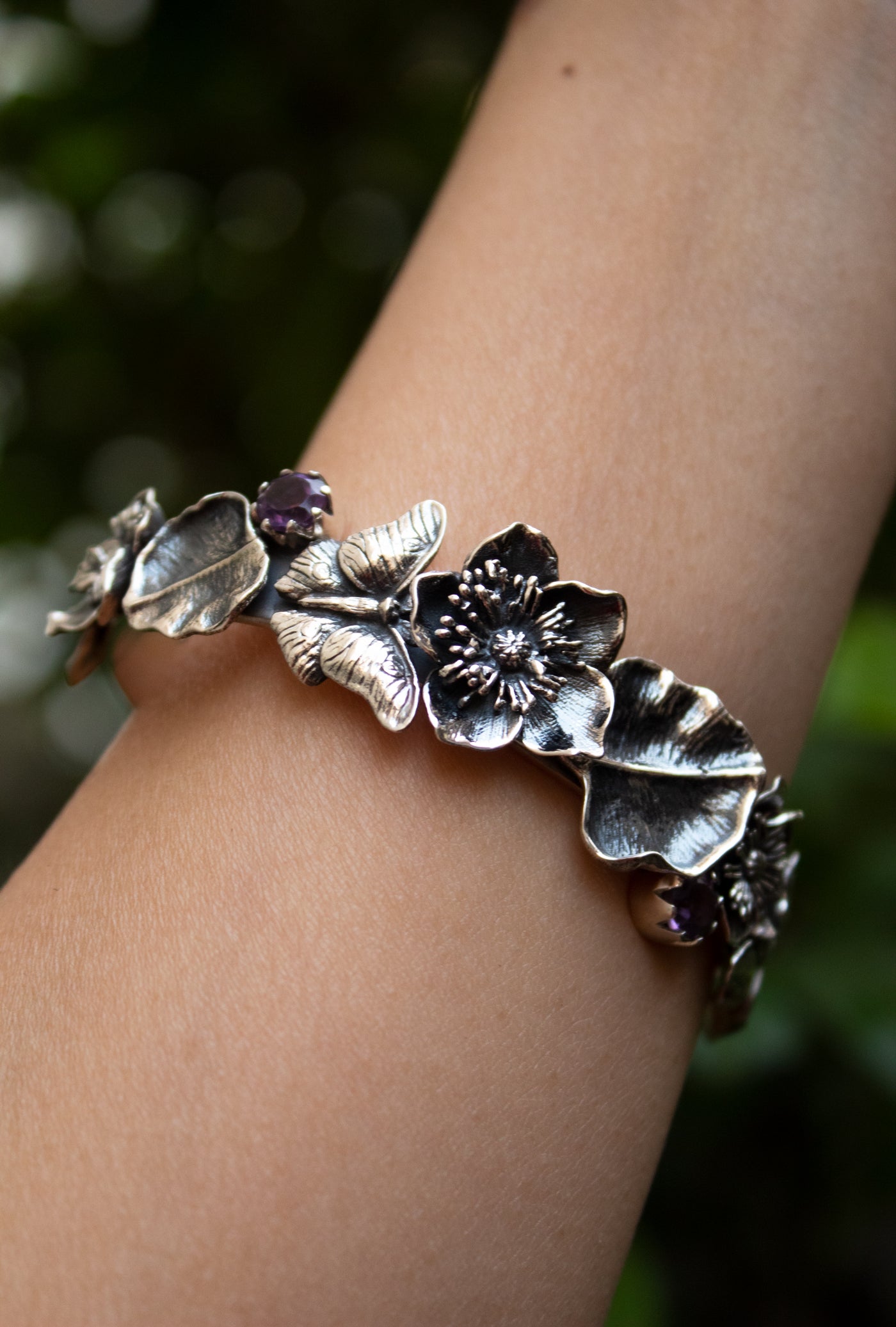 Garden of Flight – Amethyst & Butterfly Botanical Bracelet, AB-7672