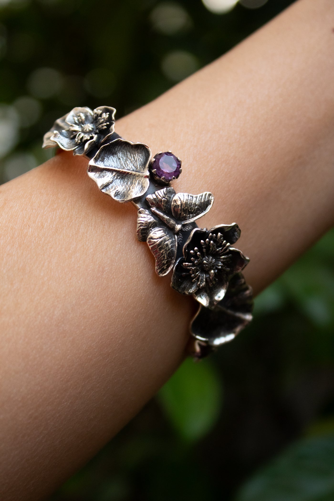 Garden of Flight – Amethyst & Butterfly Botanical Bracelet, AB-7672