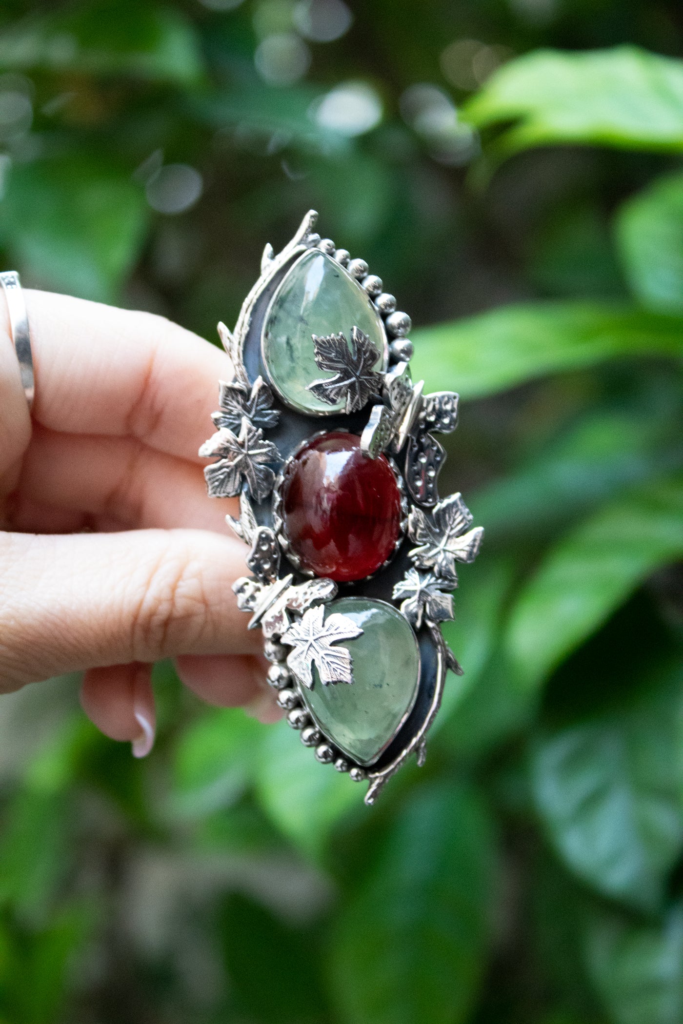 Whispers of the Maple Grove: Prehnite & Garnet Ring, AR-7668