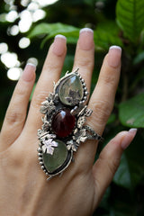 Whispers of the Maple Grove: Prehnite & Garnet Ring, AR-7668