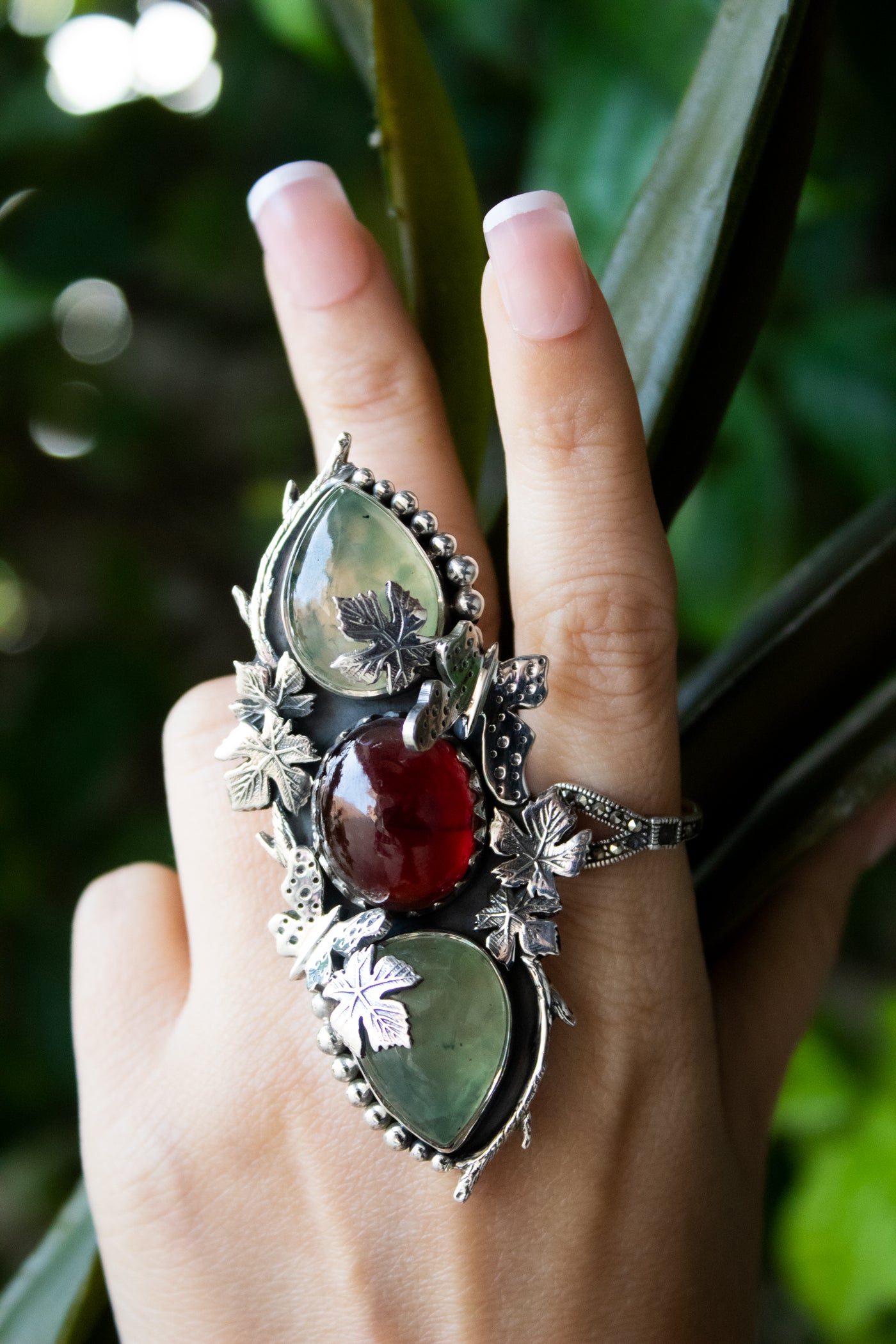 Whispers of the Maple Grove: Prehnite & Garnet Ring, AR-7668