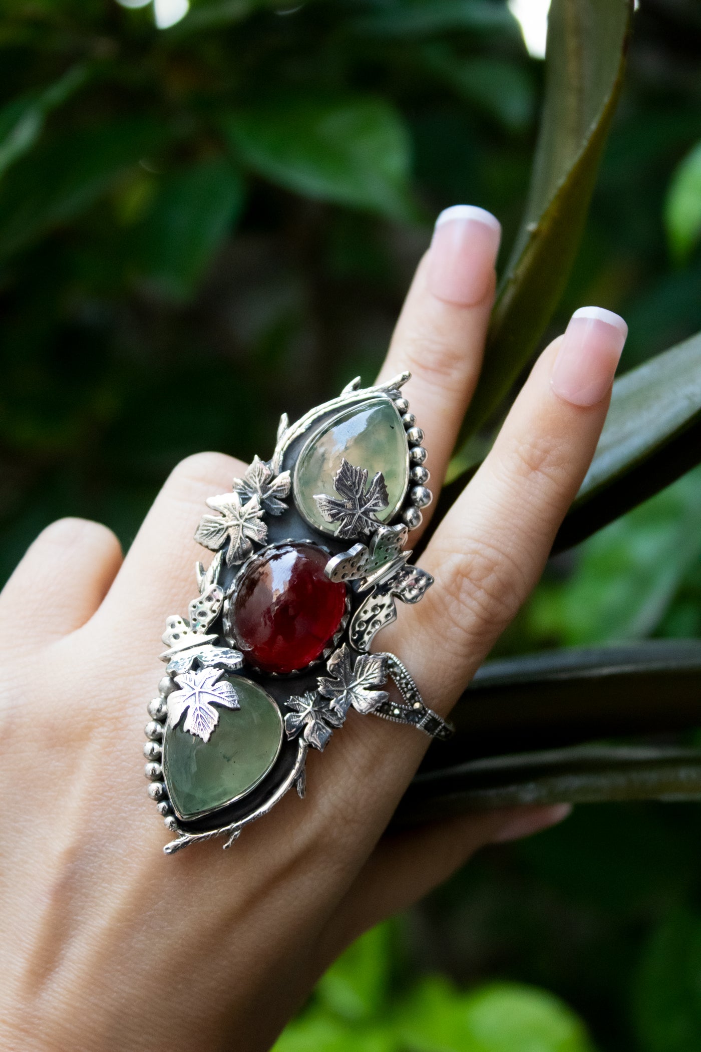 Whispers of the Maple Grove: Prehnite & Garnet Ring, AR-7668