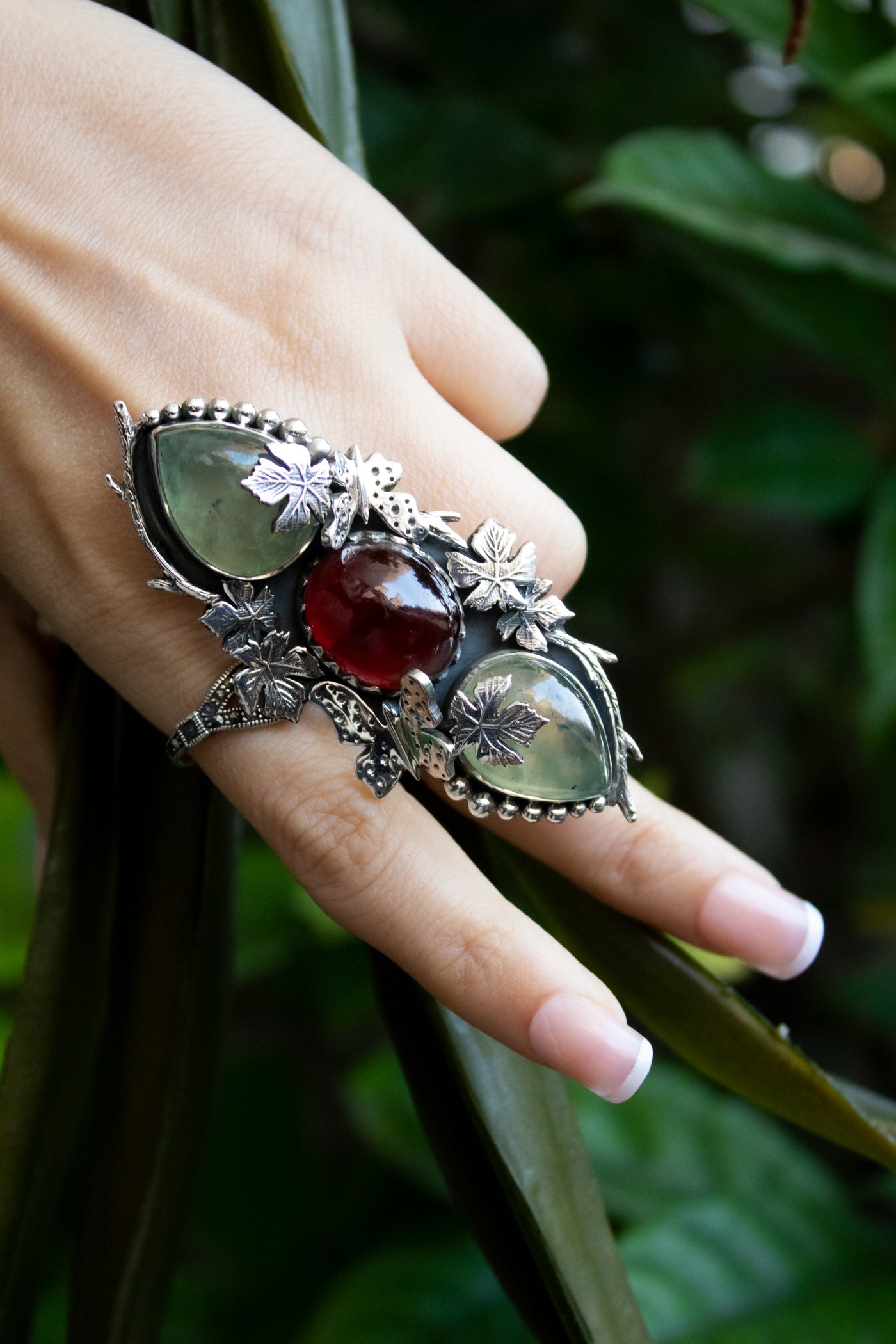 Whispers of the Maple Grove: Prehnite & Garnet Ring, AR-7668